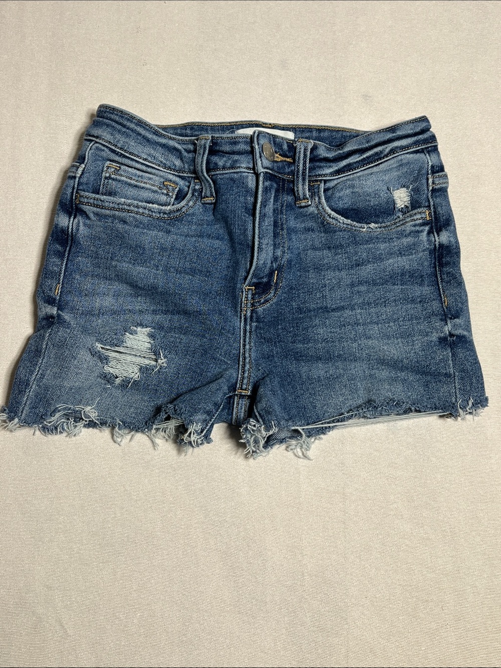Carly Jean Los Angeles Logan Distressed Frayed Hem Denim Shorts in Blue